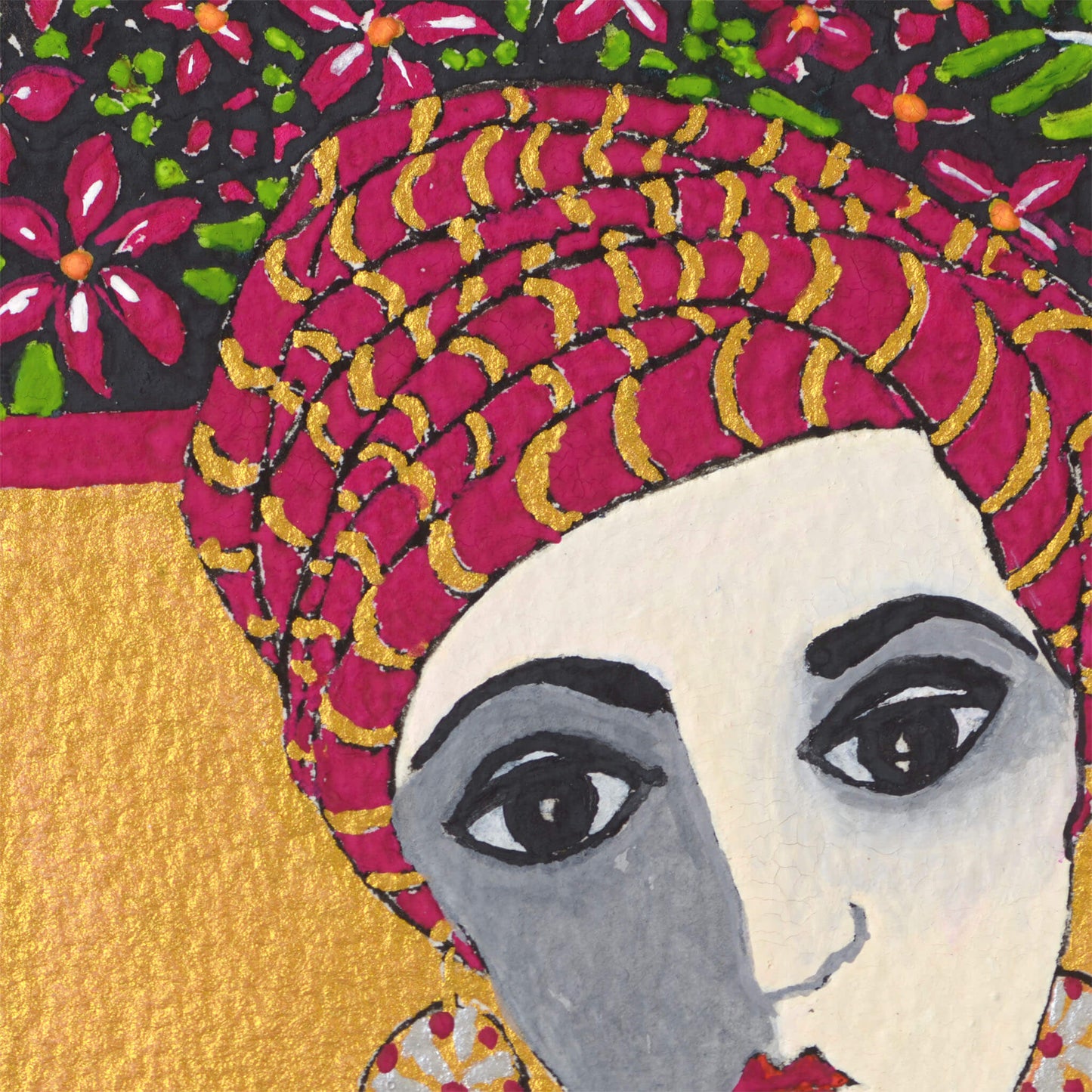 Small, original gouache painting of spiritual feminine power and beauty with golden detail by Ella Que Artist in black single mat