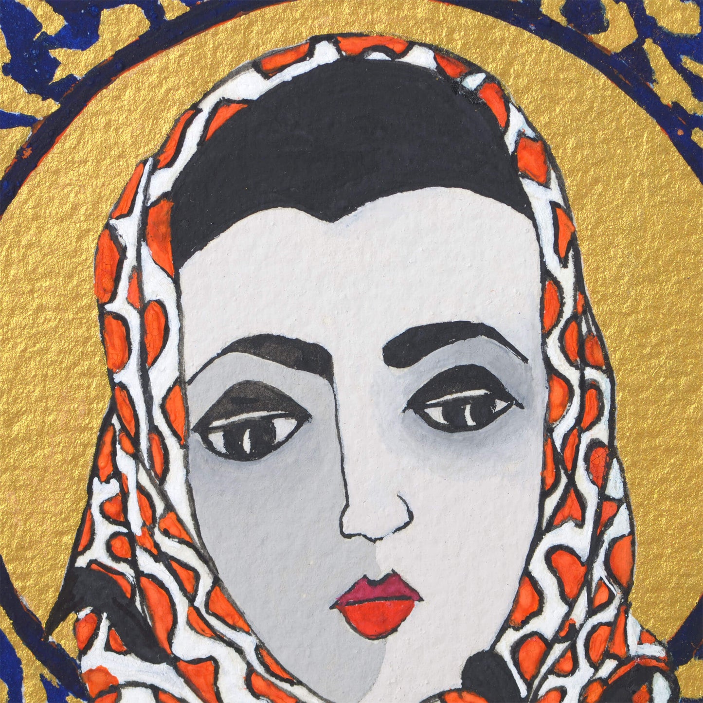 Small, original gouache painting of spiritual feminine power and beauty with golden detail by Ella Que Artist in black single mat