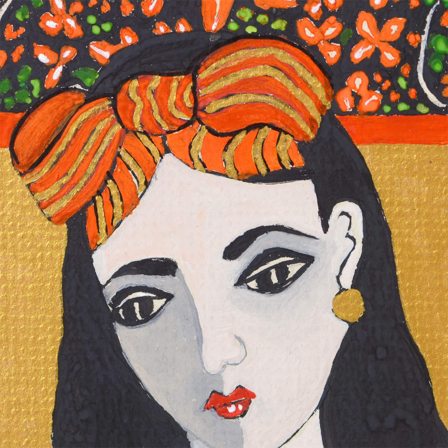 Tiny, hand-painted original gouache painting of spiritual feminine power , flowers and beauty with golden detail by Ella Que Artist in black single mat
