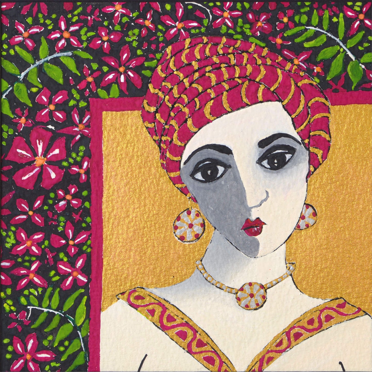 Small, original gouache painting of spiritual feminine power and beauty with golden detail by Ella Que Artist in black single mat