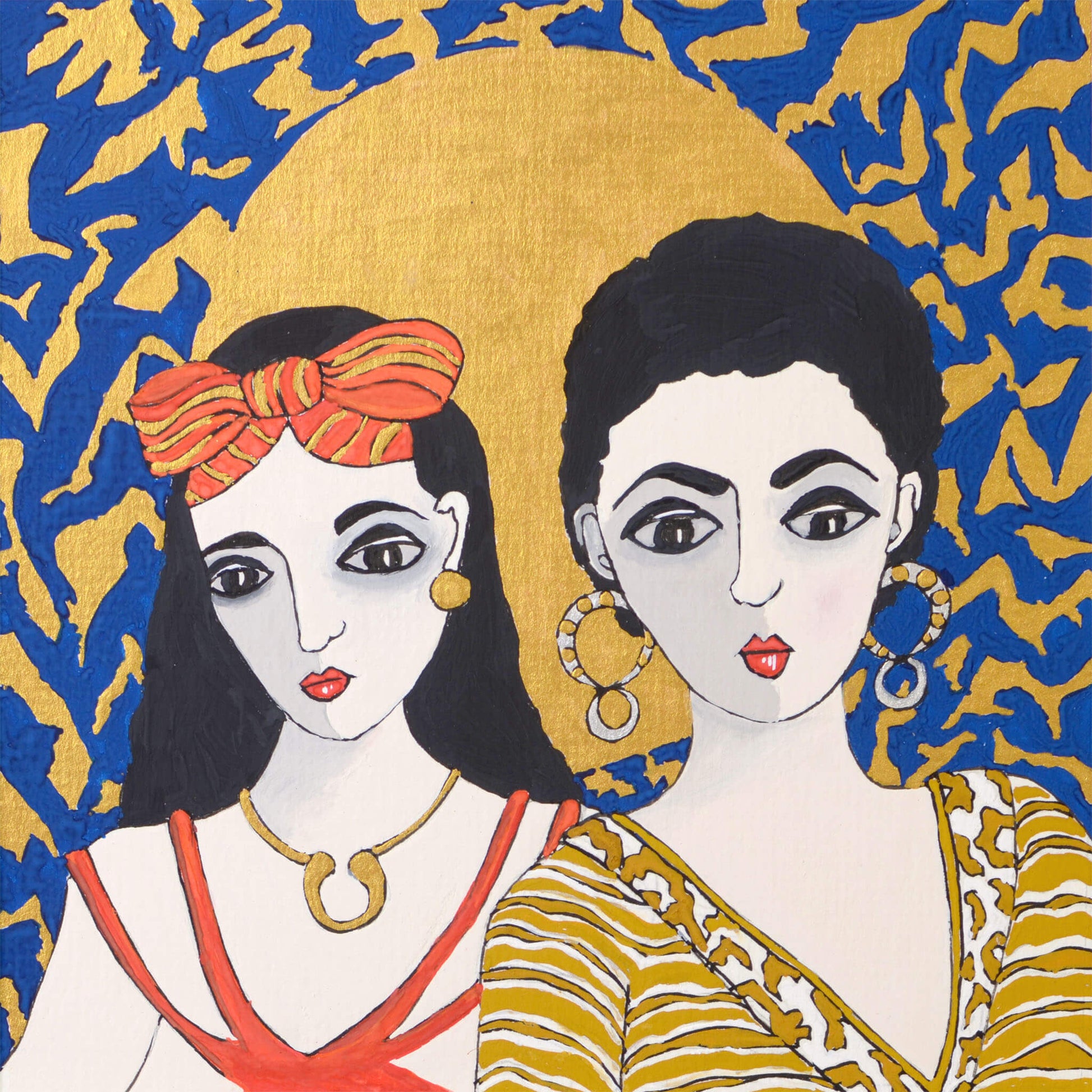 Small, original gouache painting of spiritual feminine power and beauty with golden detail by Ella Que Artist