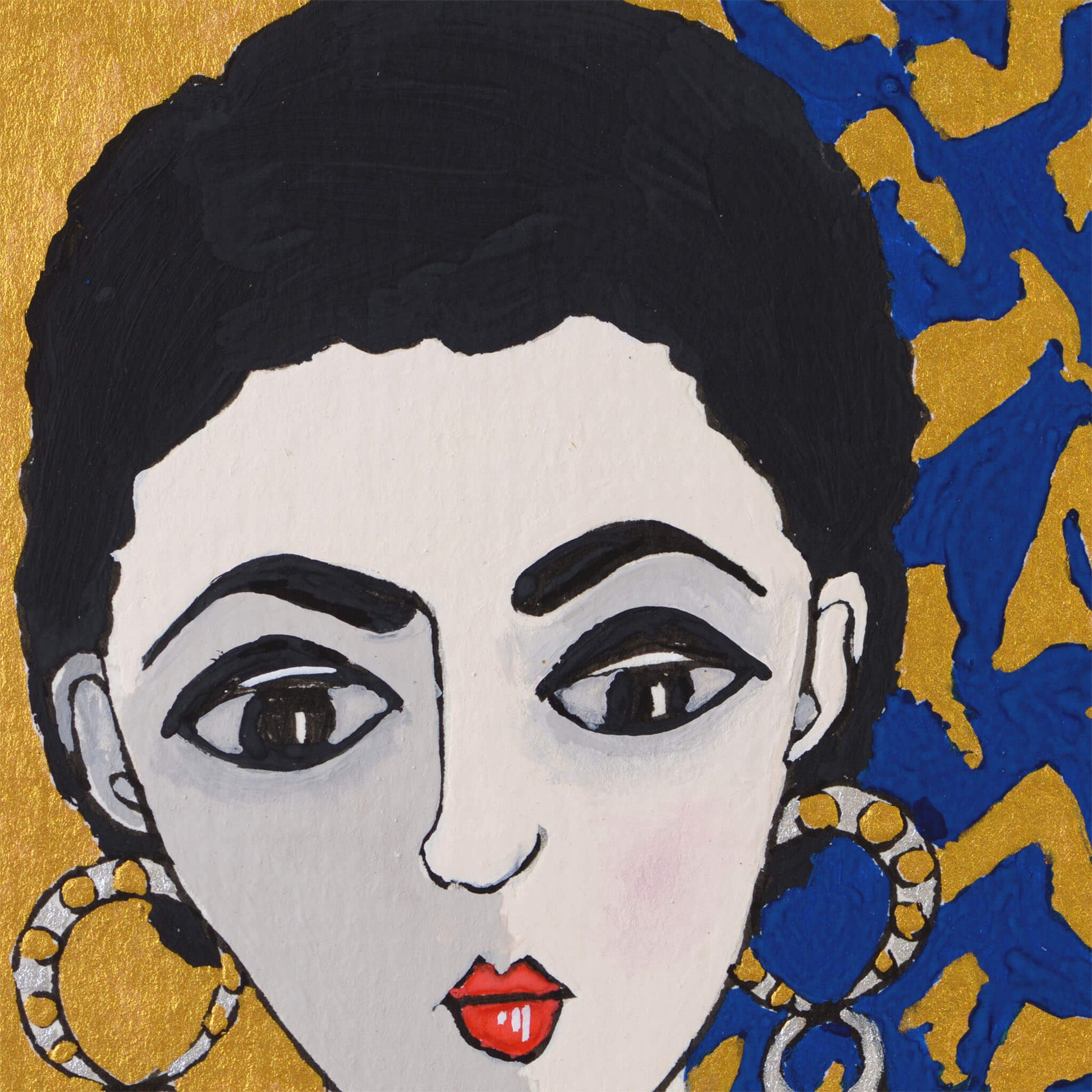 Small, original gouache painting of spiritual feminine power and beauty with golden detail by Ella Que Artist in black single mat