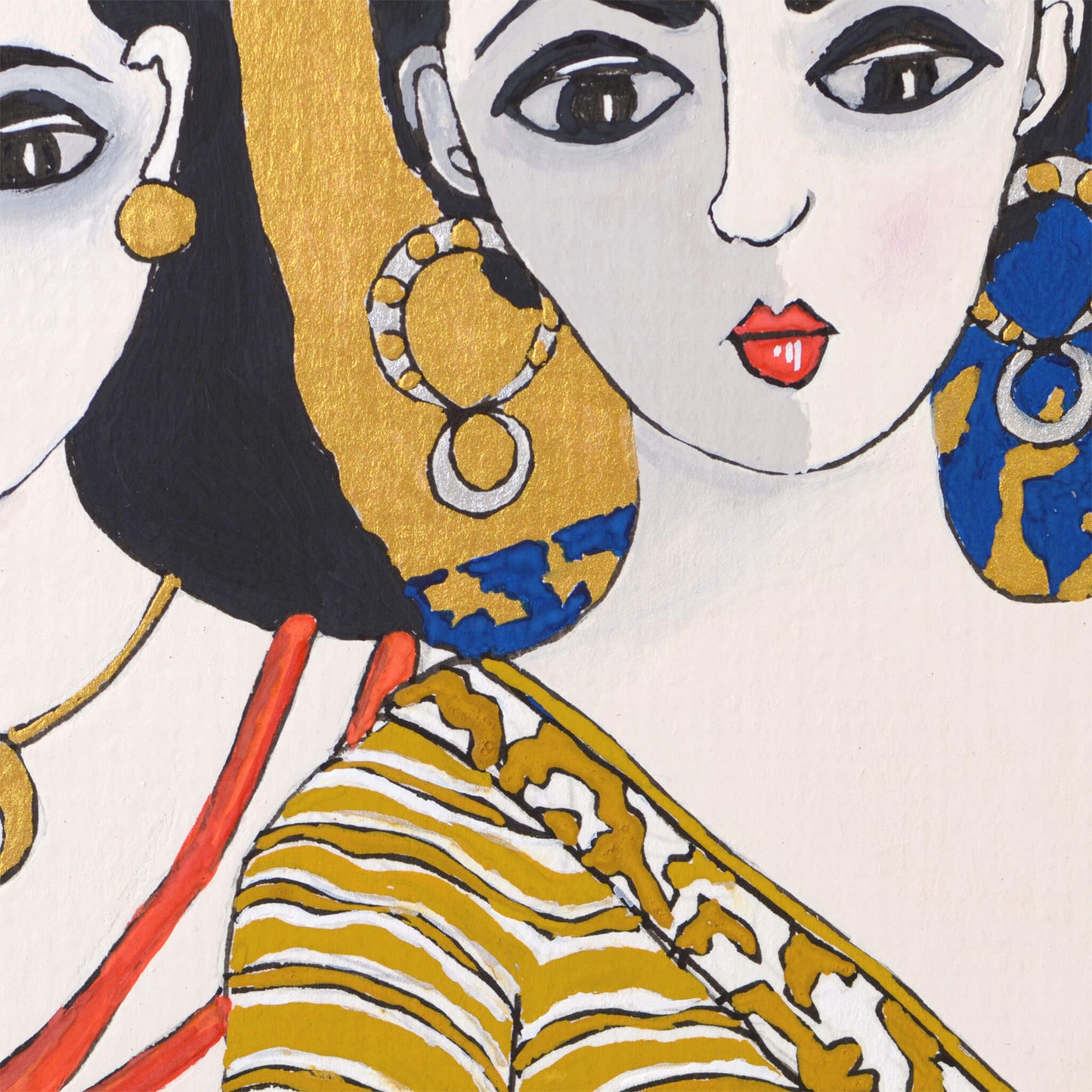 Small, original gouache painting of spiritual feminine power and beauty with golden detail by Ella Que Artist in black single mat