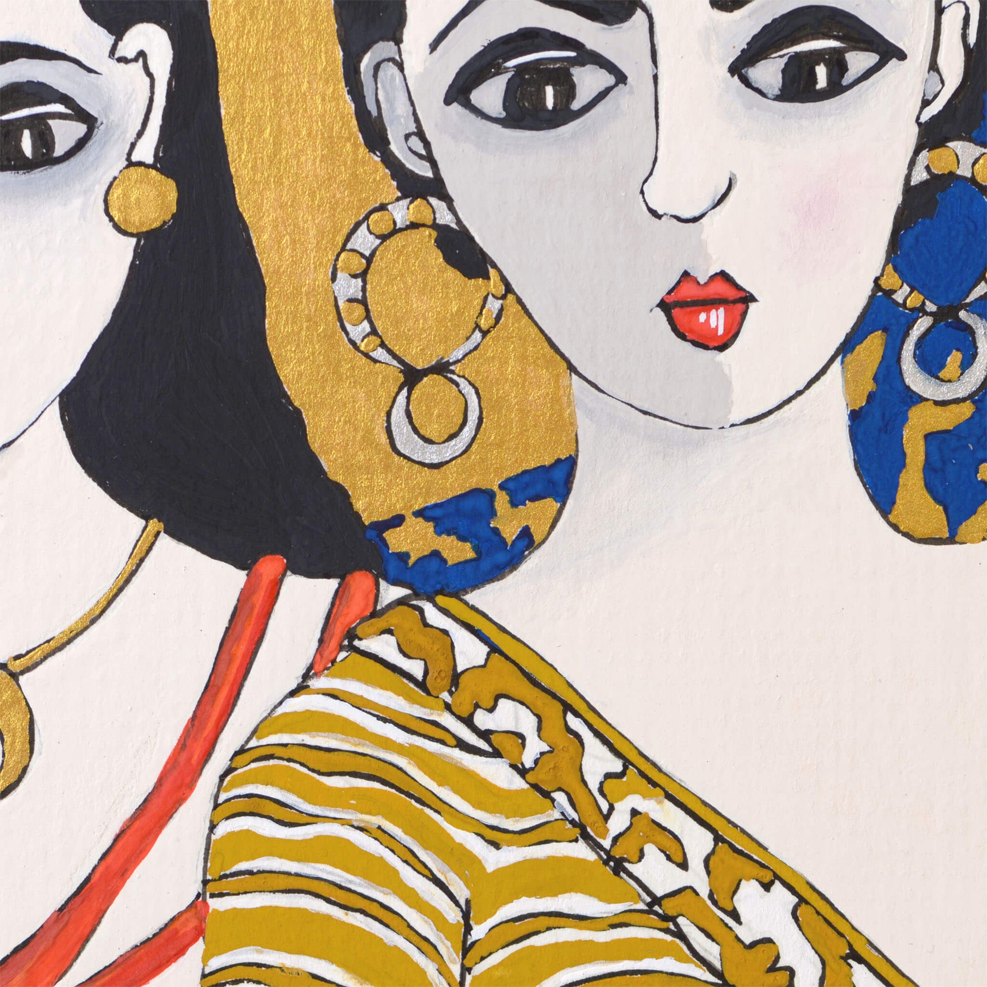 Small, original gouache painting of spiritual feminine power and beauty with golden detail by Ella Que Artist in black single mat