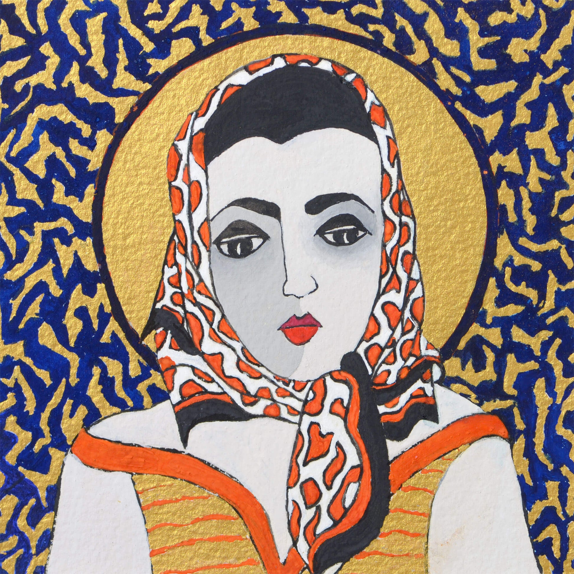 Small, original gouache painting of spiritual feminine power and beauty with golden detail by Ella Que Artist in black single mat