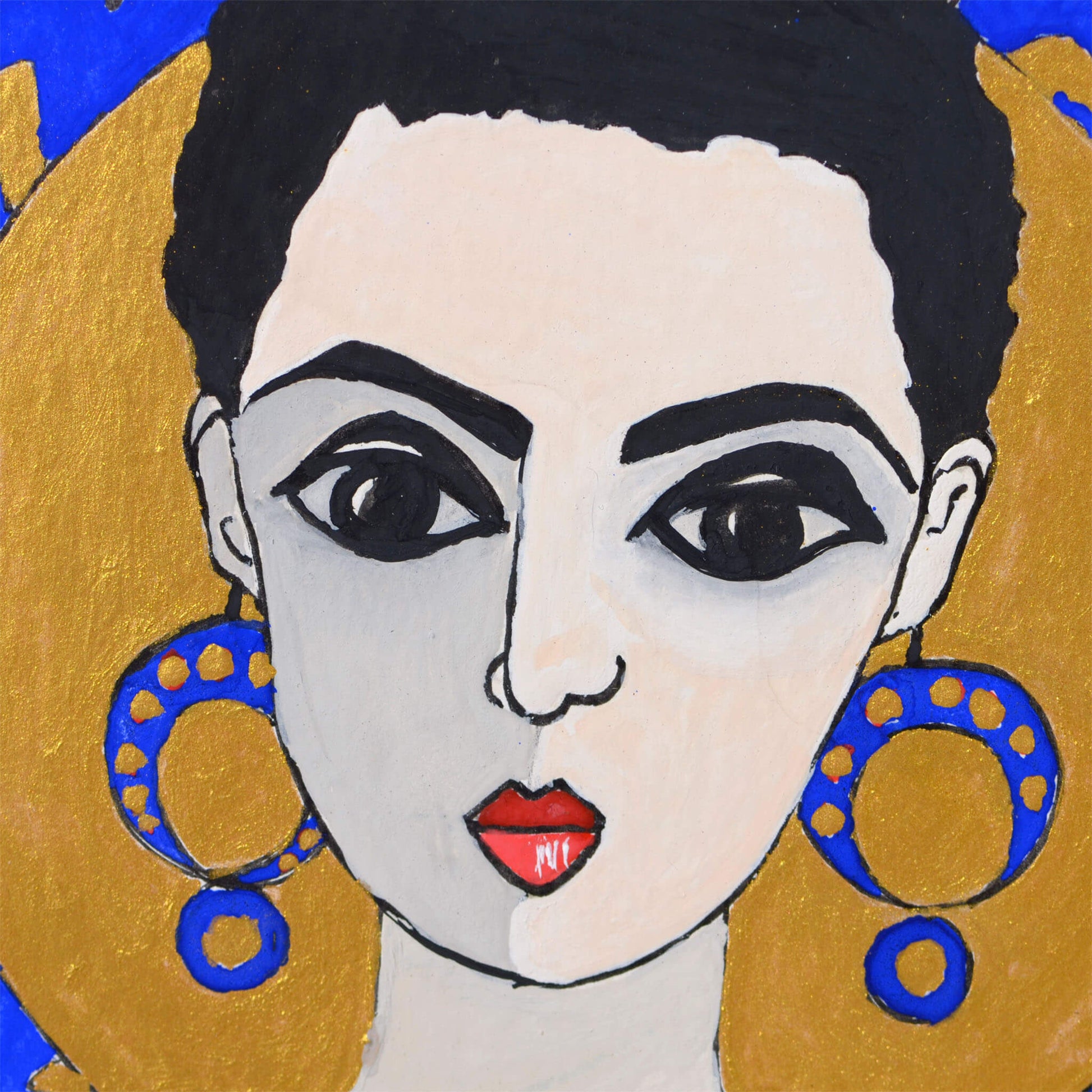 Small, hand-painted original gouache painting of spiritual feminine power and beauty with golden detail by Ella Que Artist in black single mat