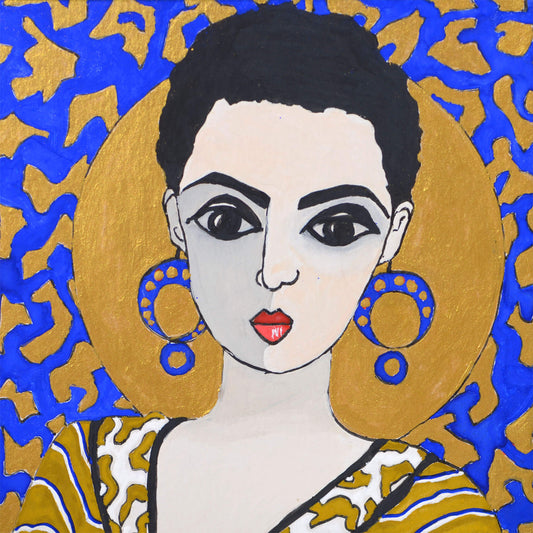 Small, original gouache painting of spiritual feminine power and beauty with golden detail by Ella Que Artist in black single mat