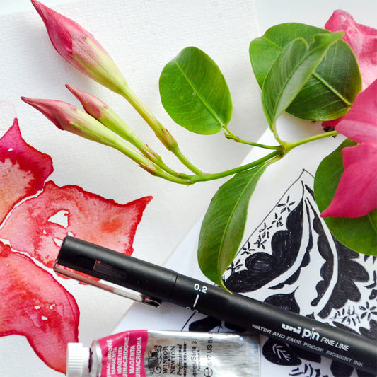 Workshops and art classes for,  hand-painted original watercolour flowers and beauty with pen detail by Ella Que Artist 