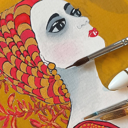 Art classes and workshops for Small, original gouache painting of spiritual feminine power and beauty with red kangaroo paw by Ella Que Artist