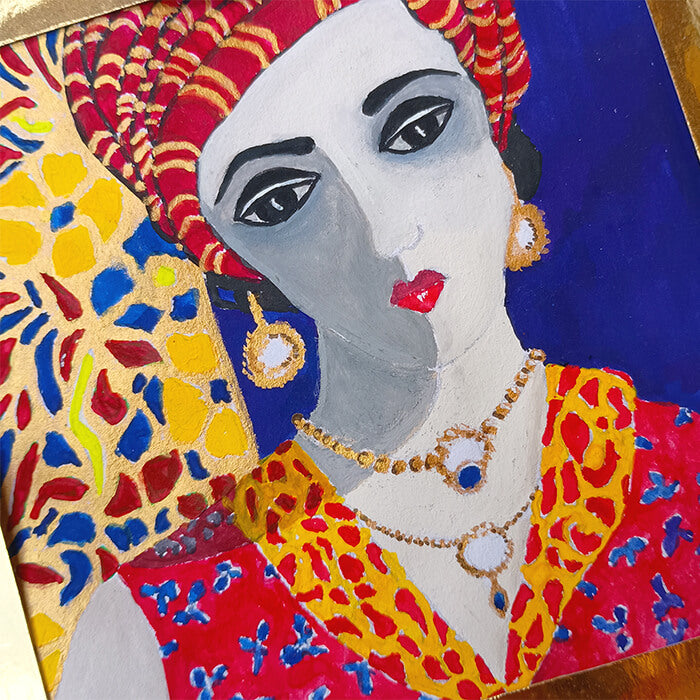 Art classes, workshop, Small, original gouache painting of spiritual feminine power Goddess and beauty with golden detail by Ella Que Artist