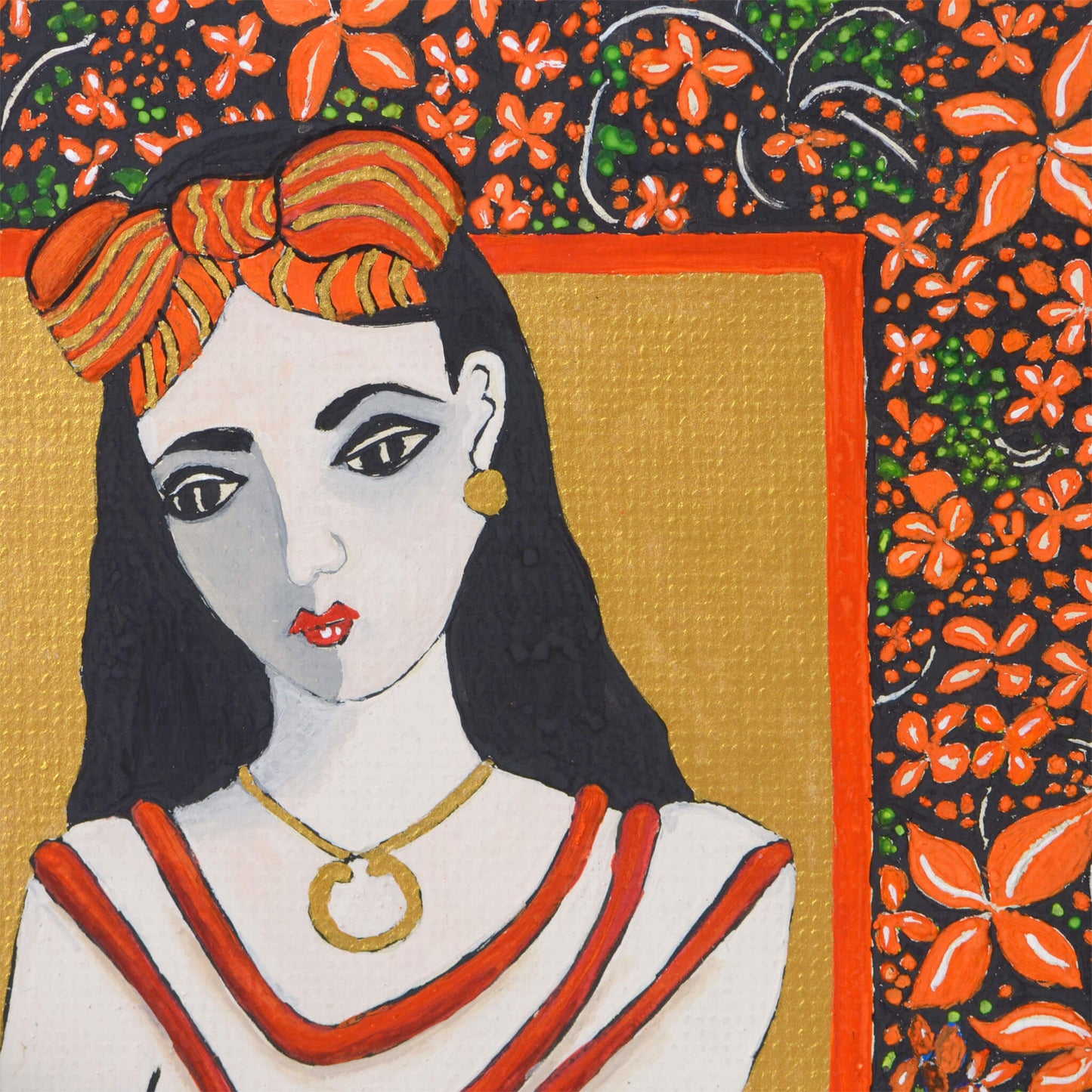 Small, hand-painted original gouache painting of spiritual feminine power , flowers and beauty with golden detail by Ella Que Artist in black single mat. The Sacred Flame