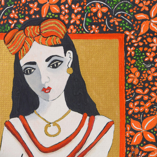 Small, hand-painted original gouache painting of spiritual feminine power , flowers and beauty with golden detail by Ella Que Artist in black single mat. The Sacred Flame